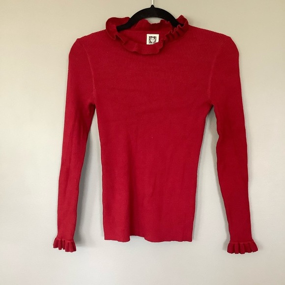 ANNE KLEIN Red Ruffled Long Sleeve Mock Sweater - Picture 3 of 7
